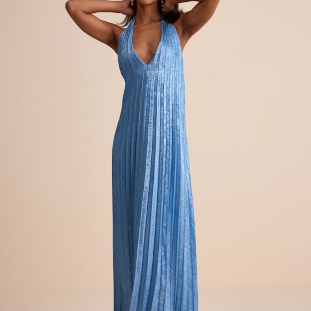 Lulus Gelsey Dusty Blue Pleated Halter Shift Maxi Dress - Size XL